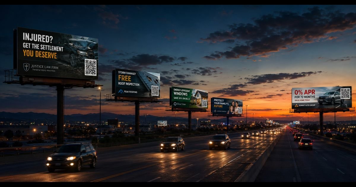 Twilight highway lined with billboards for law, roofing, windows, financial, and auto advertisers — each carrying a scannable QR placement