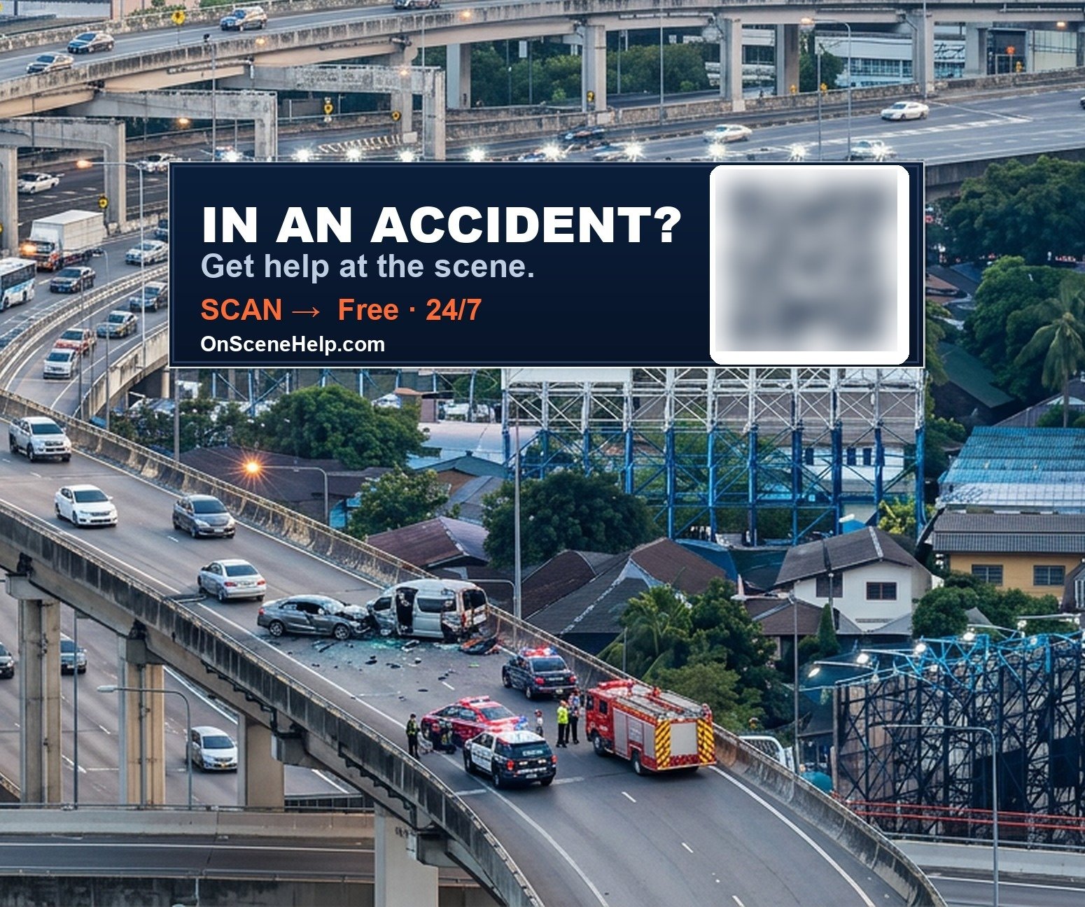 Emergency responders at a highway accident scene beneath a lit billboard reading: In an accident? Get help at the scene — scan the QR code. Free 24/7. ALEC by Client Intake Solutions.